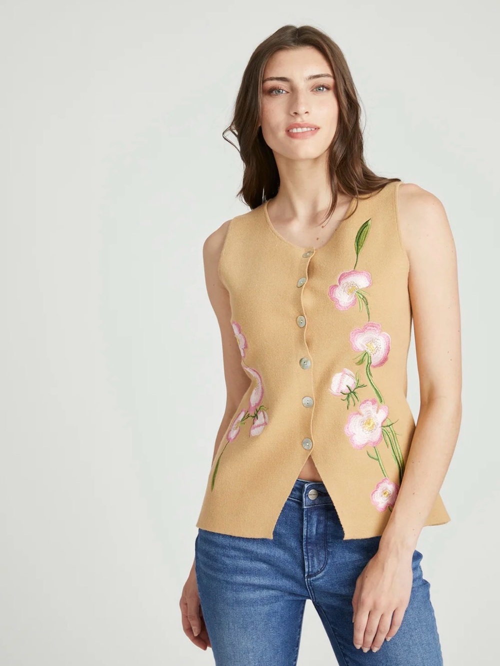 Brand New Driftwood camel knit vest with floral embroidery size small